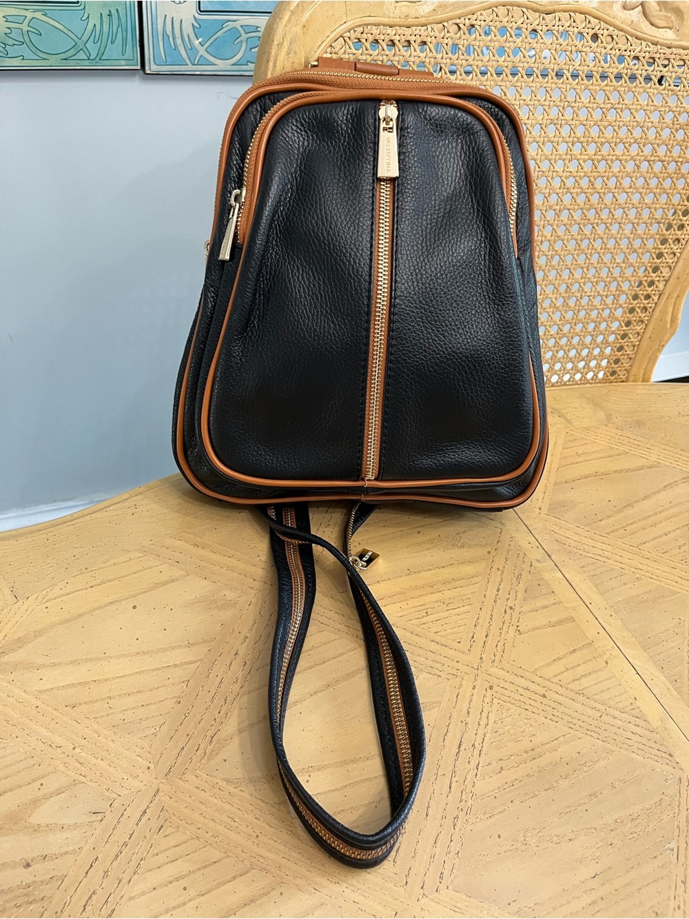 Valentina (made in Italy) Black, Tan Leather Backpack Handbag